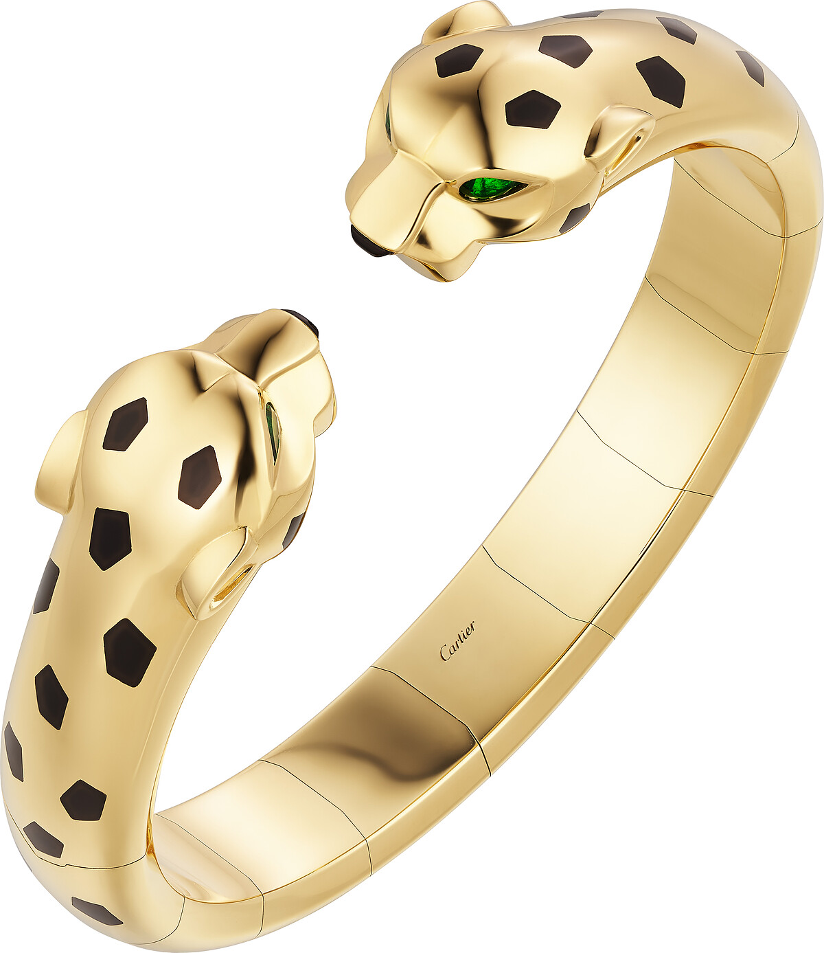 Panth&egrave;re de Cartier美洲豹手環 鉸鍊式，黃K金，縞瑪瑙，黑色真漆，鑲嵌4顆沙弗萊石。 參考價格約NT$ 1,610,000