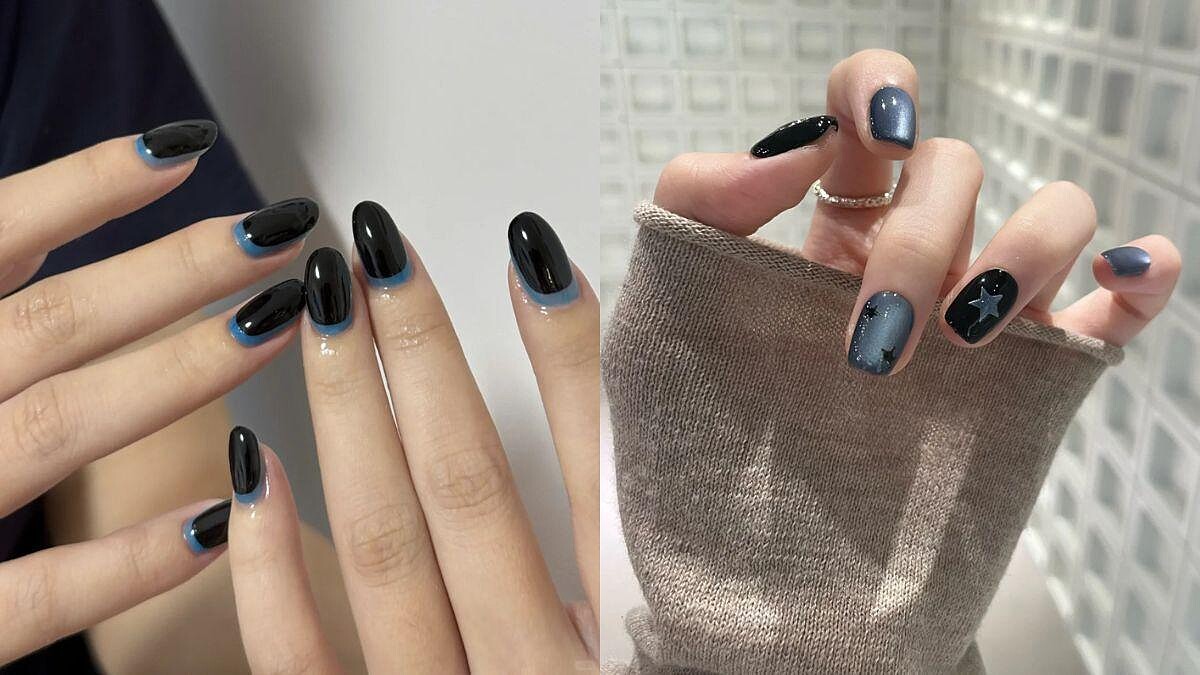 2025美甲靈感推薦「藍黑配色美甲」15款範本示範，編輯搭配筆記一次看！
