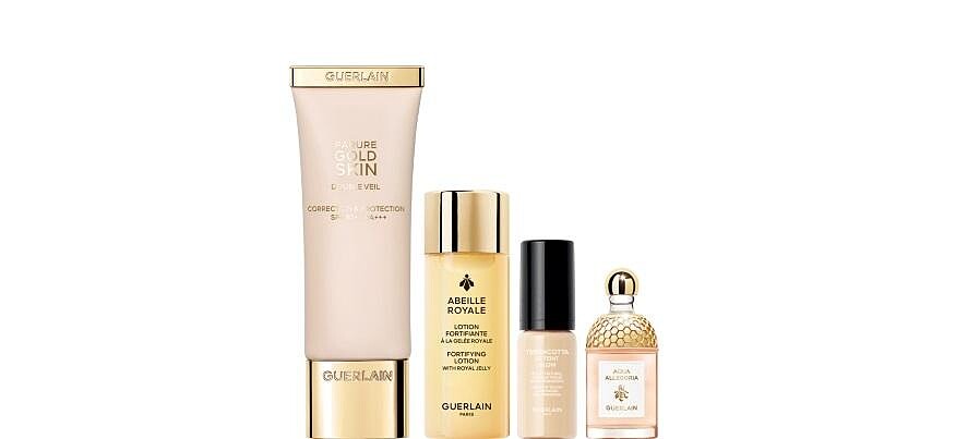 24K純金奢緞光妝前乳40ml(正品)、提洛可持妝輕粉底柔光版 5ml、花草水語晨霧玫瑰淡香水 7.5ml、皇家蜂王乳蜜露 40ml。