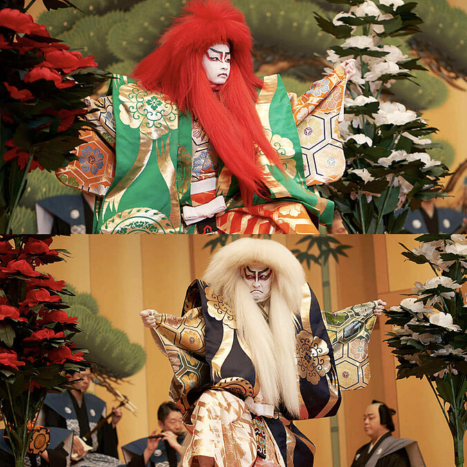 電影中《連獅子》由花井半二郎（圖下）與他兒子大垣俊介（圖上）共同演出。