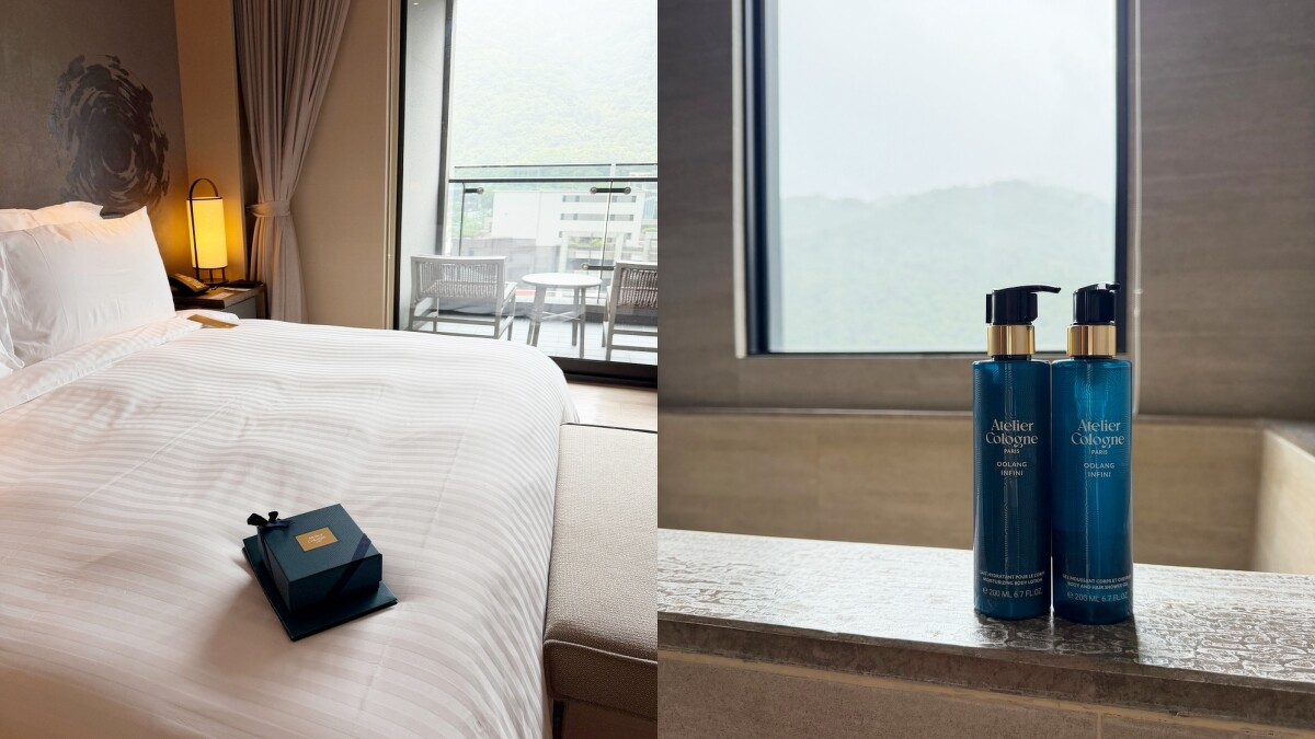 在礁溪寒沐酒店的「無極烏龍香氛主題房」中，邊泡湯邊享受Atelier Cologne法國歐瓏的備品。