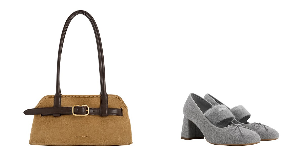 Victoria麂皮肩背包,NT3,190 (黃褐色)、Winona針織帶瑪莉珍粗跟鞋,NT 1,990(淺灰色)。