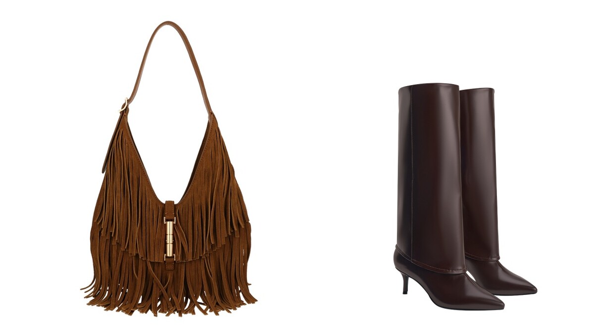 Cesia金屬釦流蘇包,NT3,190(橘棕色)、尖頭高跟長靴,NT3,390 (酒紅色)。