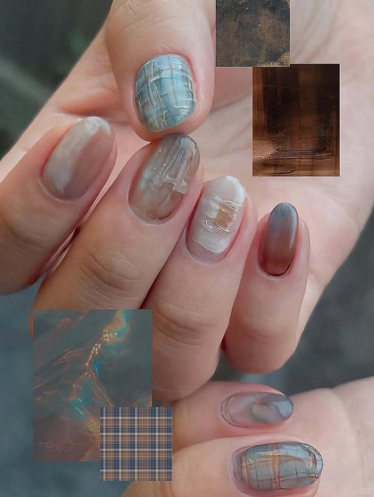 藍棕格紋美甲範本(Photo/小紅書@沈九斤)。