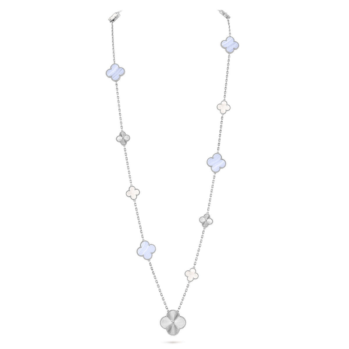 Magic Alhambra可轉換式長項鍊,15枚四葉幸運圖騰 (轉換短項鍊)_18K白金,鑲嵌玉髓及白色珍珠母貝,建議售價:NT$1,280,000