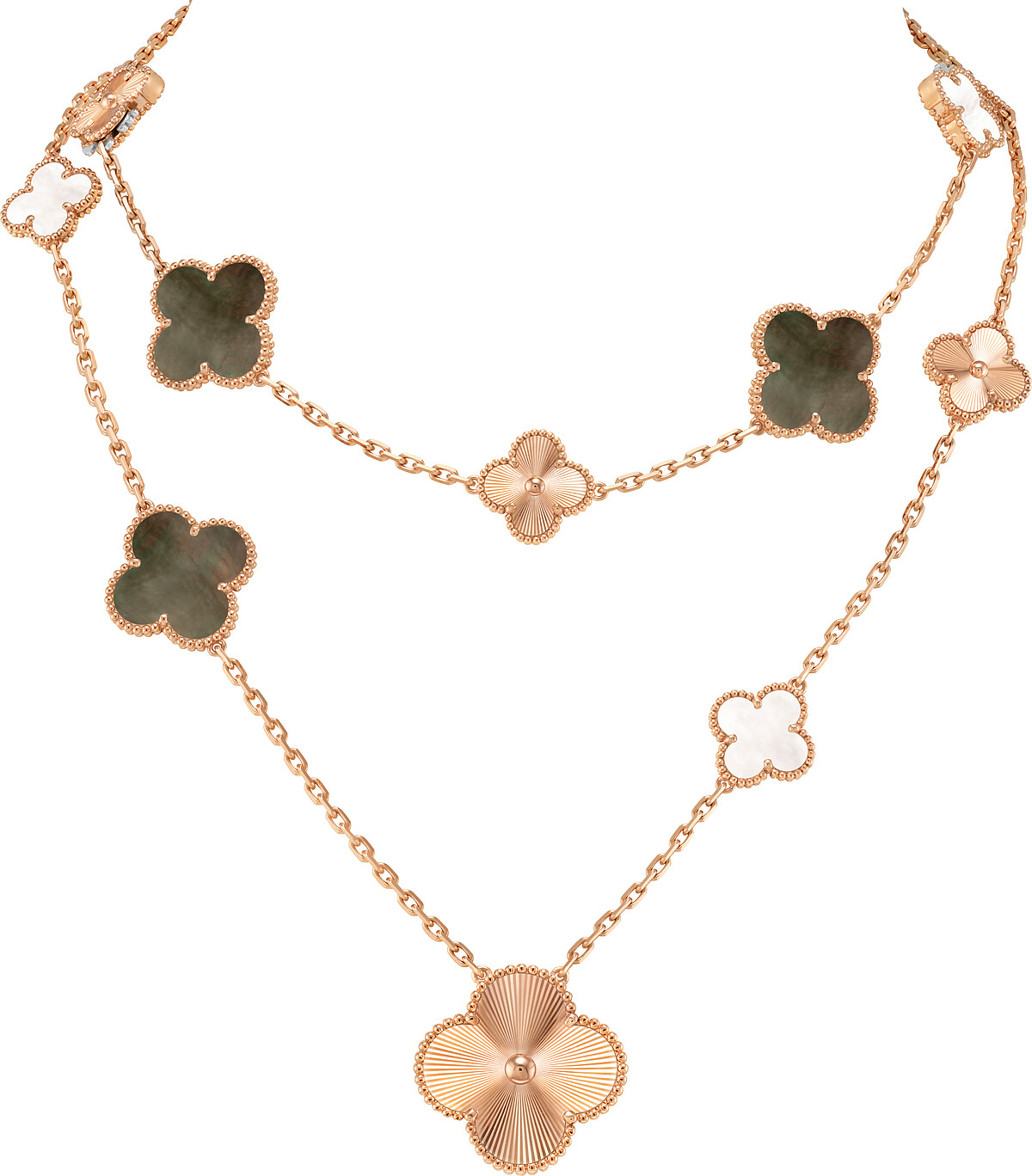 Magic Alhambra可轉換式長項鍊,15枚四葉幸運圖騰 (轉換短項鍊)_18K玫瑰金,鑲嵌灰色及白色珍珠母貝,建議售價:NT$1,190,000