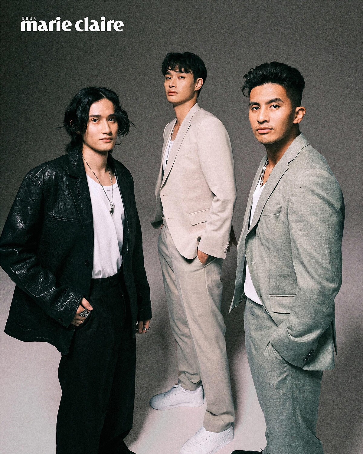 高錦瑋:黑色皮革西裝外套、黑色西裝褲、樂福鞋,all by Allsaints,戒指、項鍊,both by Cody Sanderson。吳曉謹:米色西裝外套、米色西裝長褲,both by Boss;項鍊,Cody Sanderson。高國豪:灰綠色西裝外套、灰綠色西裝長褲,both by Boss;項鍊,Cody Sanderson;黑色皮鞋,Allsaints。