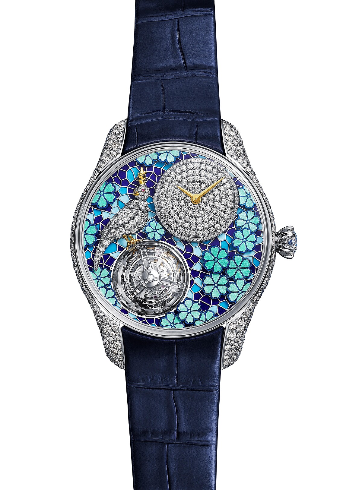Jean Schlumberger by Tiffany 高級珠寶系列 Bird on a Flying Tourbillon Azure Blossom 飛行陀飛輪腕錶 39mm 錶殼，內填琺瑯和漆面錶盤，搭配鱷魚皮錶帶，鑲嵌共 771 顆鑽石，總重逾 3.8 克拉。限量發行 10 枚。