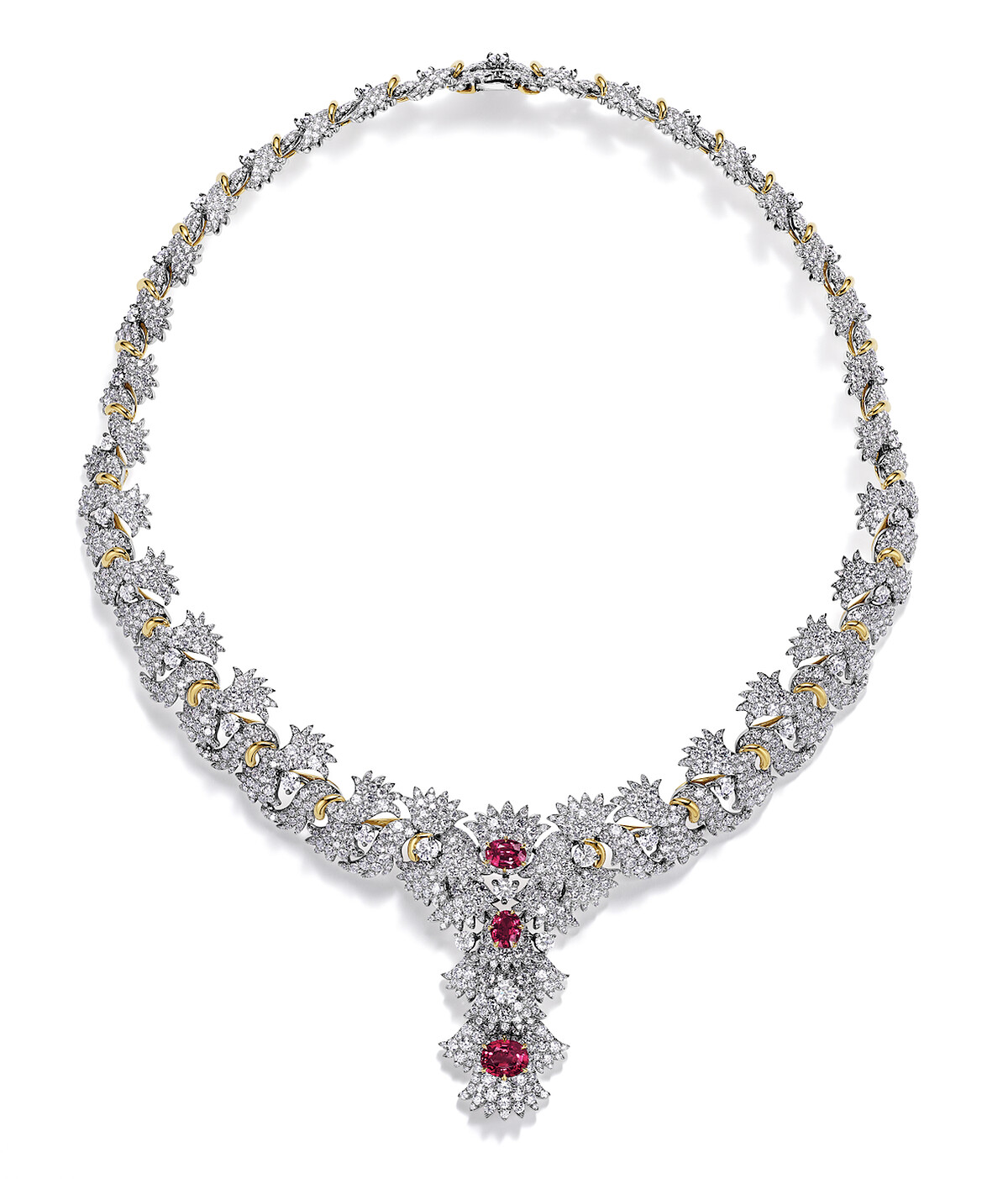 2025 Blue Book 高級珠寶 Sea of Wonder&mdash; Anemone 系列 鉑金與黃K金鑲嵌 3 顆逾 4 克拉未經優化處理的橢圓形切割紅寶石及鑽石項鍊