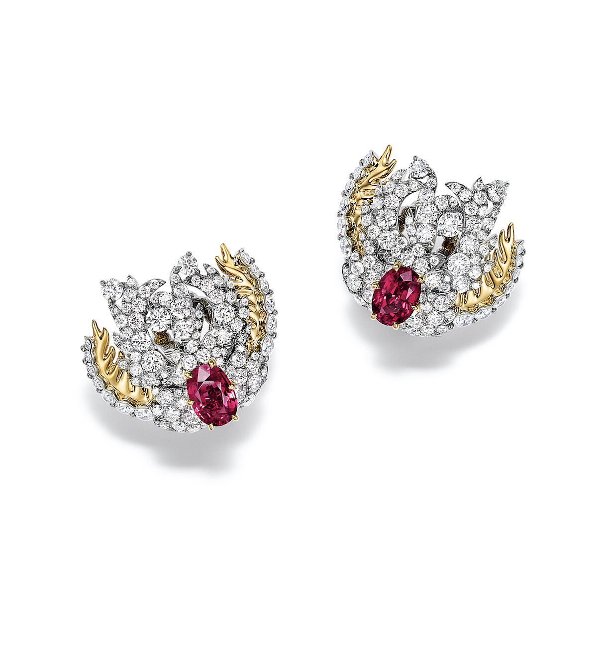 2025 Blue Book 高級珠寶 Sea of Wonder&mdash; Anemone 系列 鉑金與黃K金鑲嵌 2 顆逾 2 克拉未經優化處理的橢圓形切割紅寶石及鑽石耳環