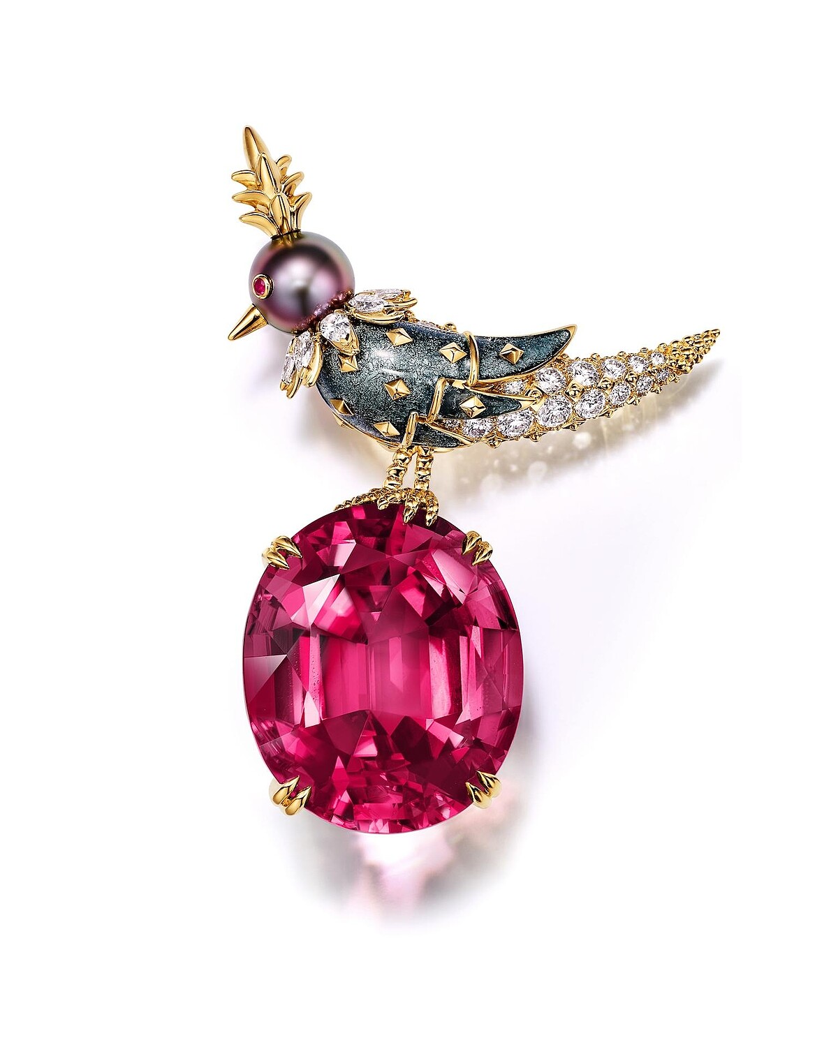 Jean Schlumberger by Tiffany 高級珠寶系列「彩虹石上鳥」胸針，鉑金與18K黃金製成，鑲嵌主石逾 62 克拉的紅碧璽，灰色金箔琺瑯，紅寶石，一顆大溪地珍珠，鑽石
