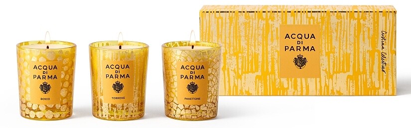 Acqua di Parma金色假期香氛蠟燭禮盒(靜謐雪松BOSCO、濃情潘尼Panettone、甜蜜托尼Torrone)70g*3,NT5,700