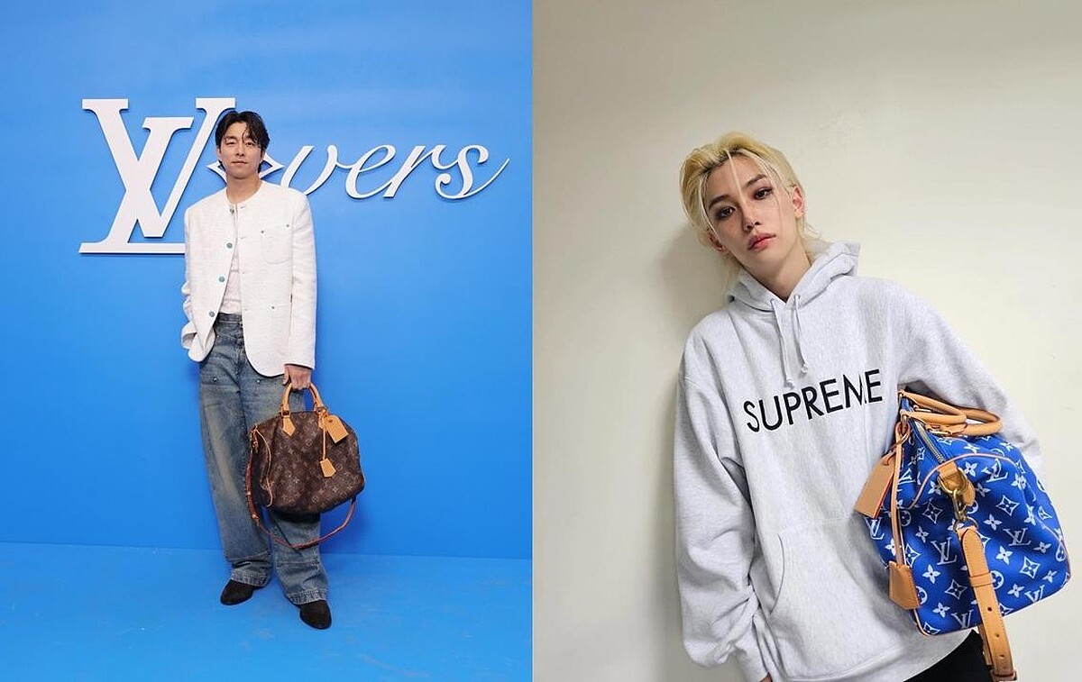 (圖左)孔劉愜意手拎Speedy P9 40經典Monogram手袋，(圖右)或是Felix輕鬆抱著Speedy P9 40 藍色手袋亮相，展現跨世代、跳脫性別框架的Speedy魅力。