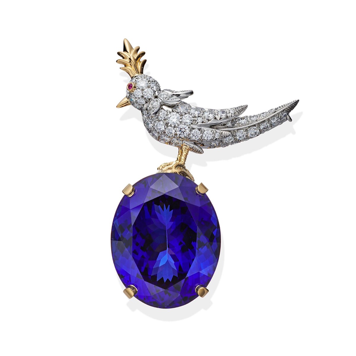 Tiffany 石上鳥高級珠寶系列胸針_鉑金與黃K金鑲嵌主石逾47克拉坦桑石及鑽石與粉色藍寶石眼 約NT$ 8,480,000