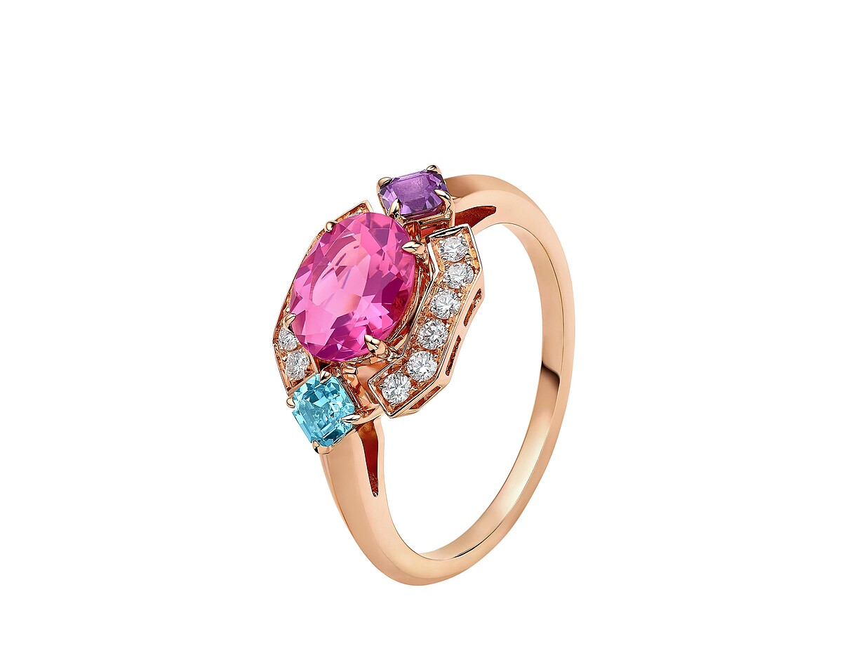 BVLGARI Allegra系列 玫瑰金彩寶與鑽石戒指 玫瑰金戒指，鑲嵌1顆橢圓形切割碧璽(重約0.31克拉)、1顆方形切割紫水晶(重約0.03克拉)、1顆藍色拓帕石(重約0.05克拉)與12顆密鑲鑽石(總重約0.20克拉)。