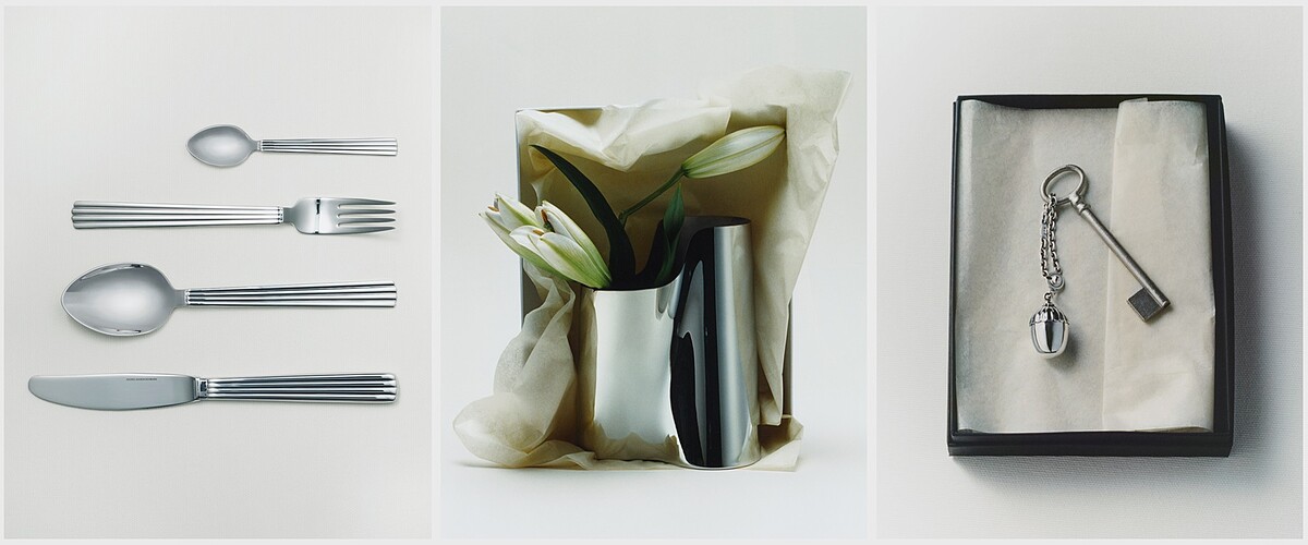 BERNADOTTE 系列餐具四件組、LITUUS系列花瓶、橡果造型純銀吊飾。