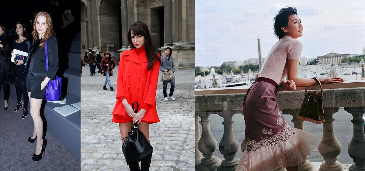 (圖左)：潔西卡&middot;雀絲坦 Jessica Chastain with No&eacute; BB、(圖中)：克拉拉&middot;龐塞特 Clara Ponsot with Monogram No&eacute;、(圖右)：張曼玉 Maggie Cheung with Monogram No&eacute;