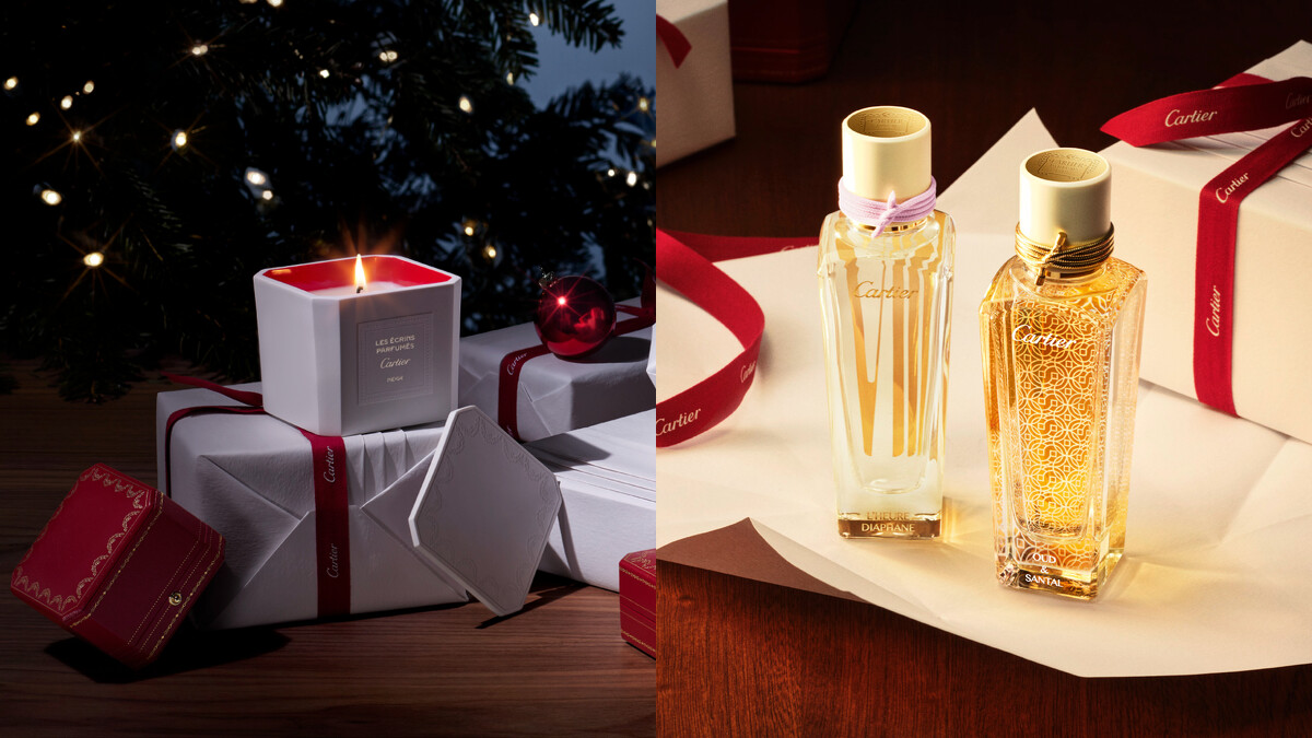 Les &Eacute;crins Parfum&eacute;s Cartier Neige香氛蠟燭（左）；Les Heures de Parfum及Les Heures Voyageuses系列高級香水。