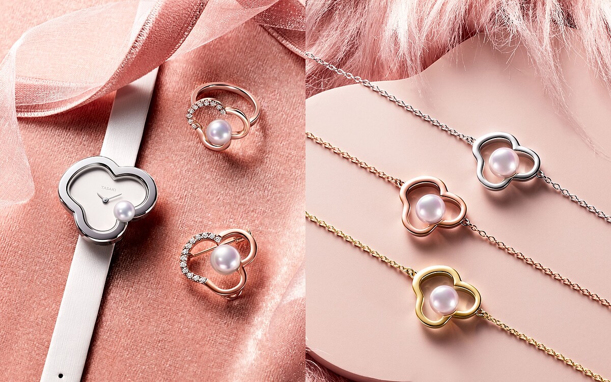 圖左：TASAKI Chants Signature系列阿古屋珍珠石英錶、18K 櫻花金鑲嵌阿古屋珍珠與鑽石戒指、18K櫻花金鑲嵌阿古屋珍珠與鑽石胸針；圖右：TASAKI Chants Signature系列阿古屋珍珠手鏈 (18Ｋ白金/18K櫻花金/18K黃金)。