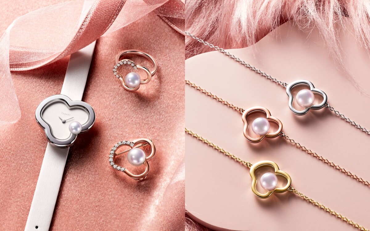 圖左：TASAKI Chants Signature系列阿古屋珍珠石英錶、18K 櫻花金鑲嵌阿古屋珍珠與鑽石戒指、18K櫻花金鑲嵌阿古屋珍珠與鑽石胸針；圖右：TASAKI Chants Signature系列阿古屋珍珠手鏈 (18Ｋ白金/18K櫻花金/18K黃金)。
