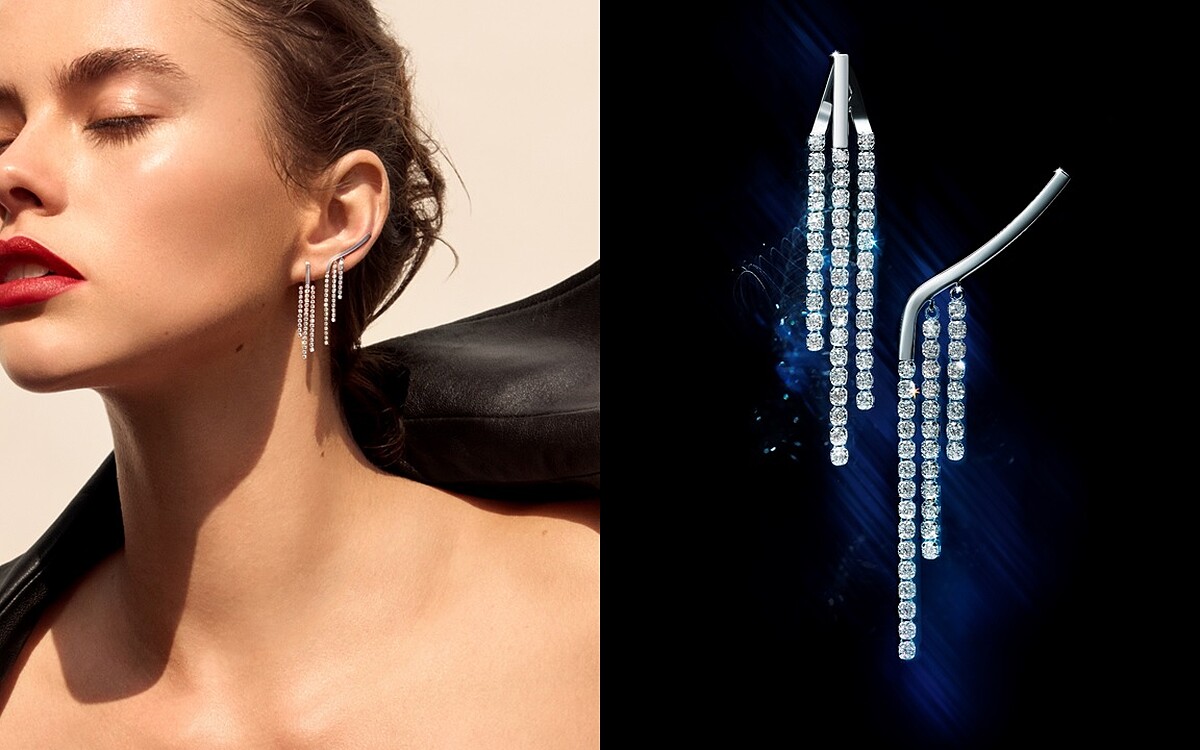 Chandelier Flow 鉑金鑽石耳環(左耳用)，NT58,700；Chandelier Triple Line 鉑金鑽石耳環(單耳用)，NT66,600。 