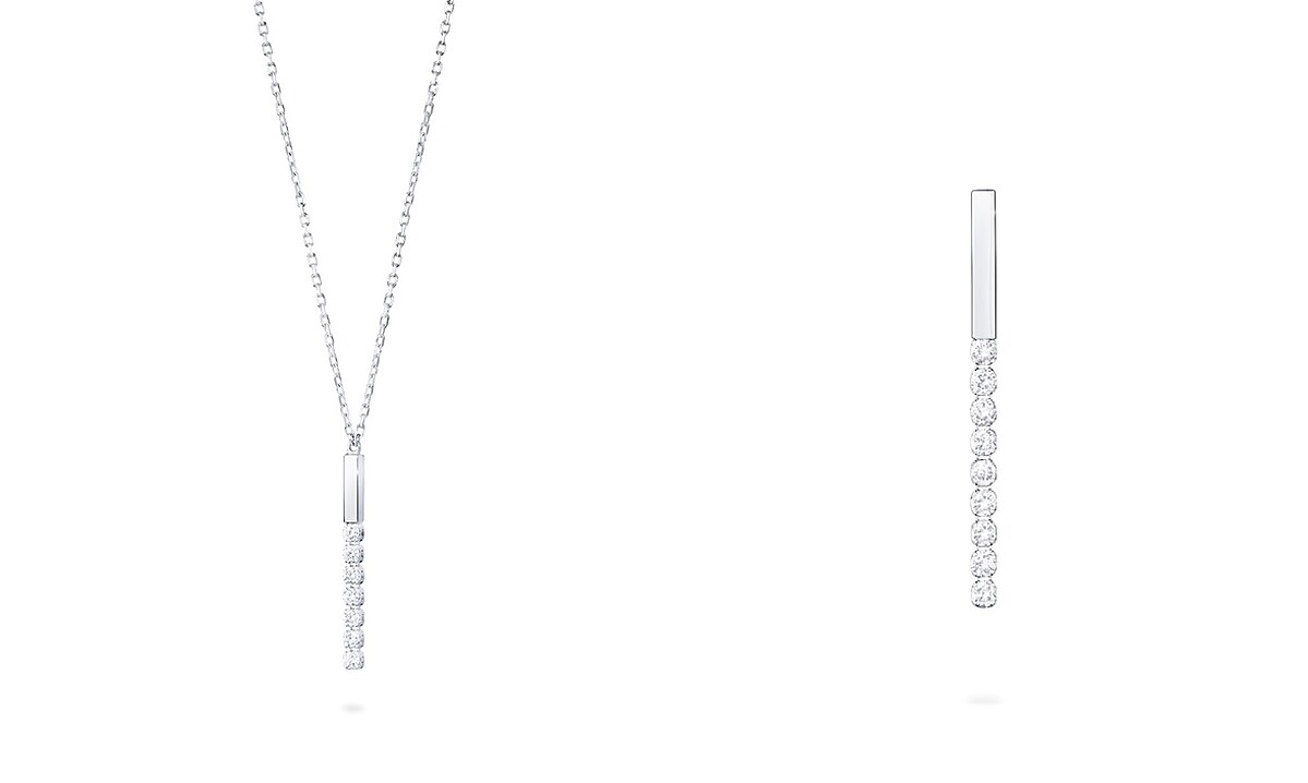 Chandelier Line鉑金鑽石項鍊，NT21,700；Chandelier Line Short 鉑金鑽石耳環 (單耳用)，NT19,500。