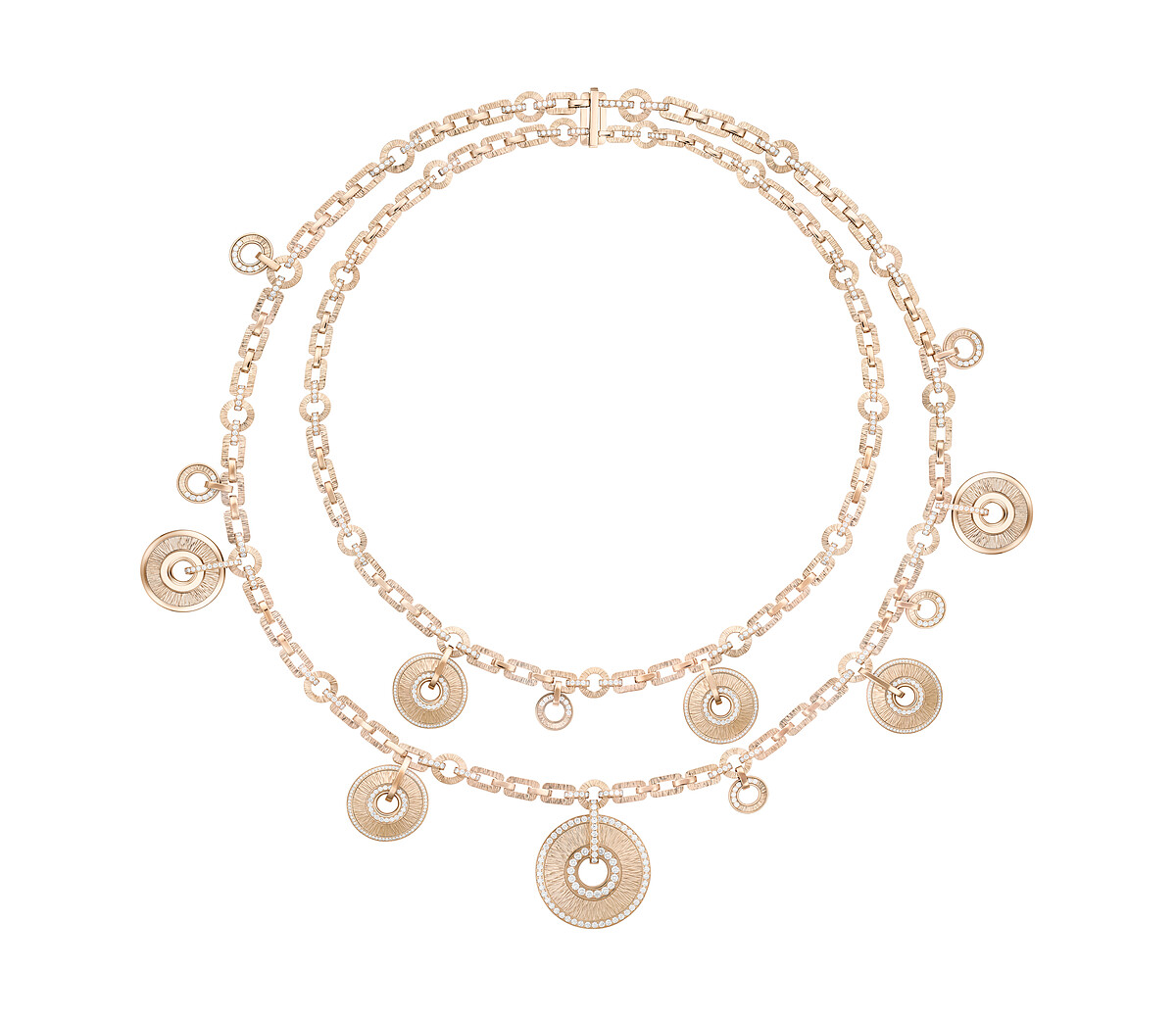 【新作】Possession系列18K玫瑰金宮廷式雕刻飾紋雙圈鑽石項鍊,建議售價約$5,350,000_PGG37PP100