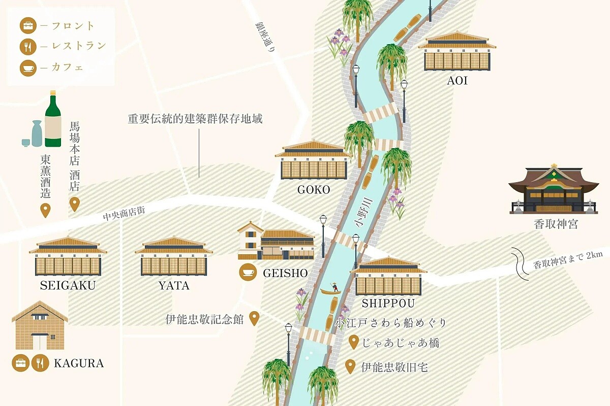 「佐原商家町ホテル NIPPONIA」的地圖與建築關係。