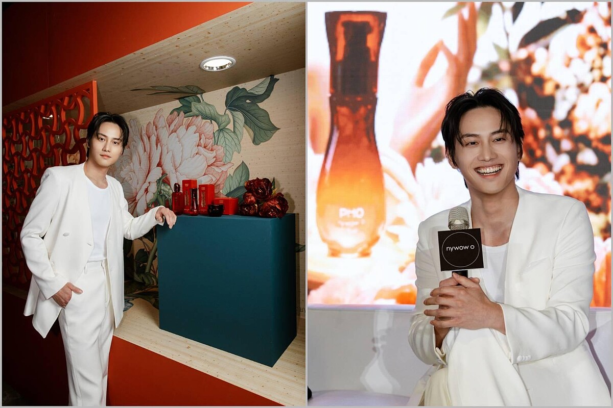 范少勳用牡丹花后油提亮底妝，蘭花油混身體乳打造自然光感肌膚，線條更明顯。( 圖 / nywow o提供 )