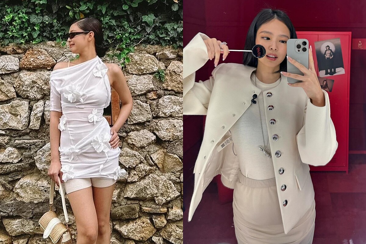 Jennie穿上白色立體花飾洋裝與套裝造型