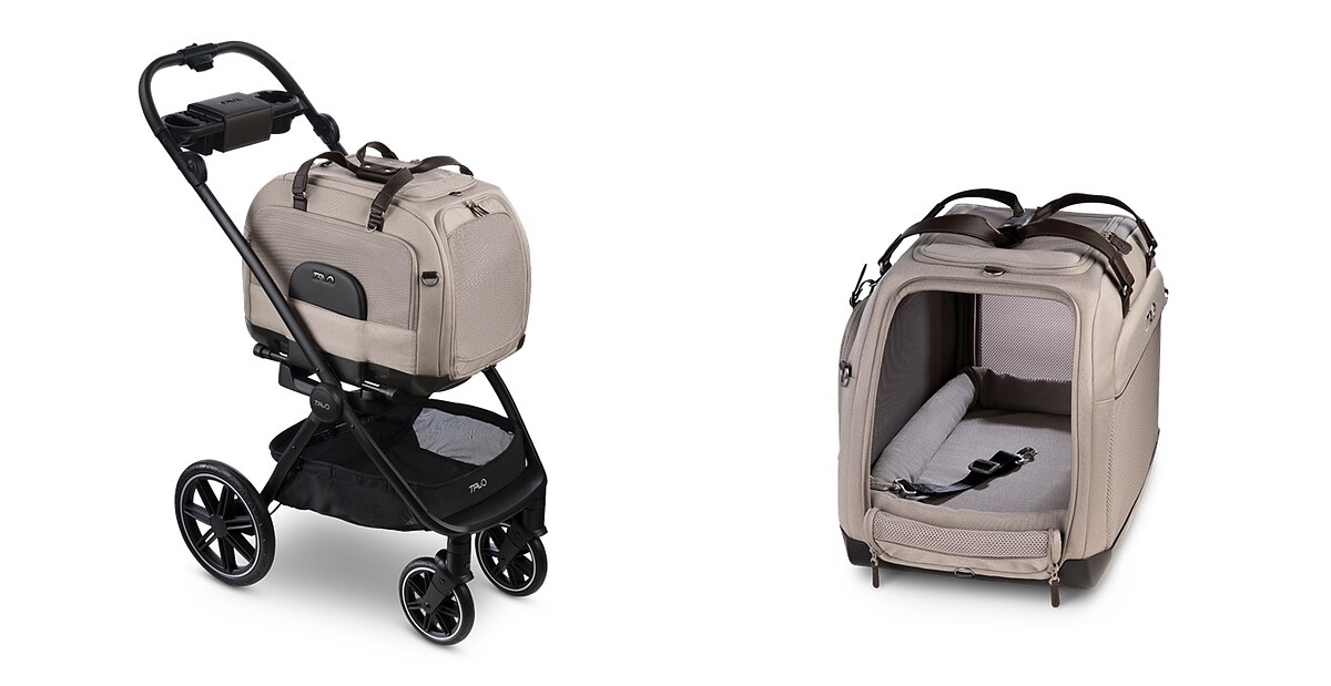 Tavo Hendrick中型提袋式汽座，(黑/焙茶棕)，建議售價NT 16,500。Tavo Hendrick 中型提袋式汽座推車組，建議售價 NT31,700