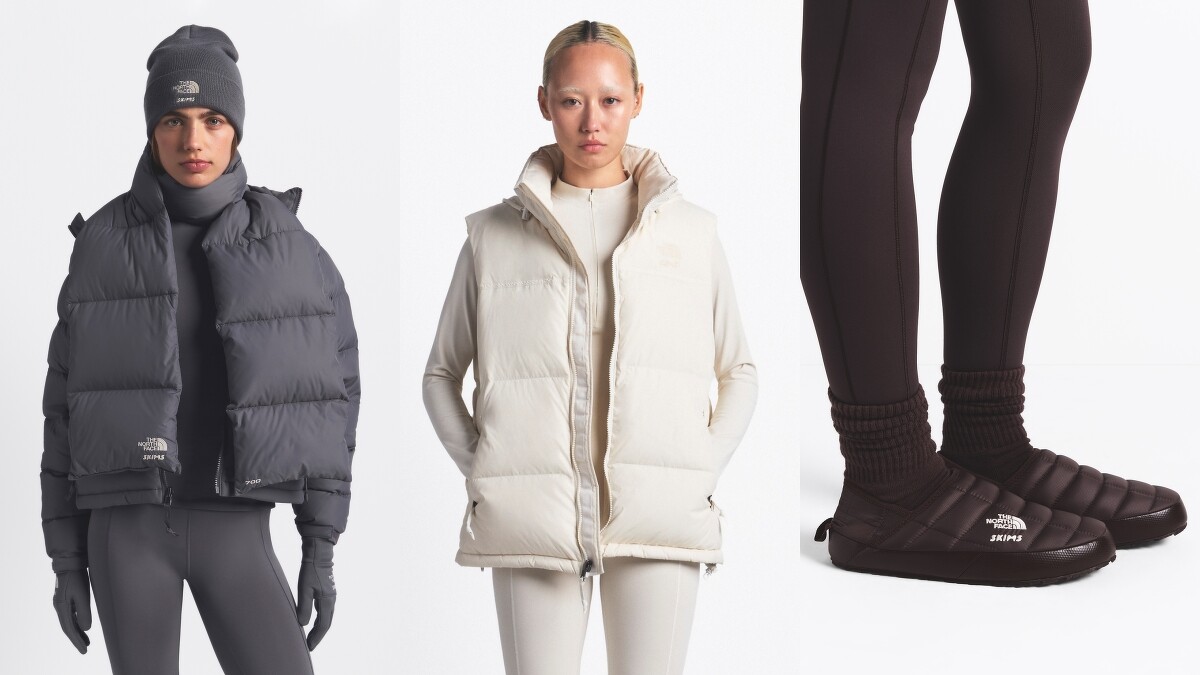 Nuptse 保暖圍巾 NT.4,880、1996 Nuptse 羽絨背心 NT.11,880、Nuptse 營地拖鞋 NT.3,880