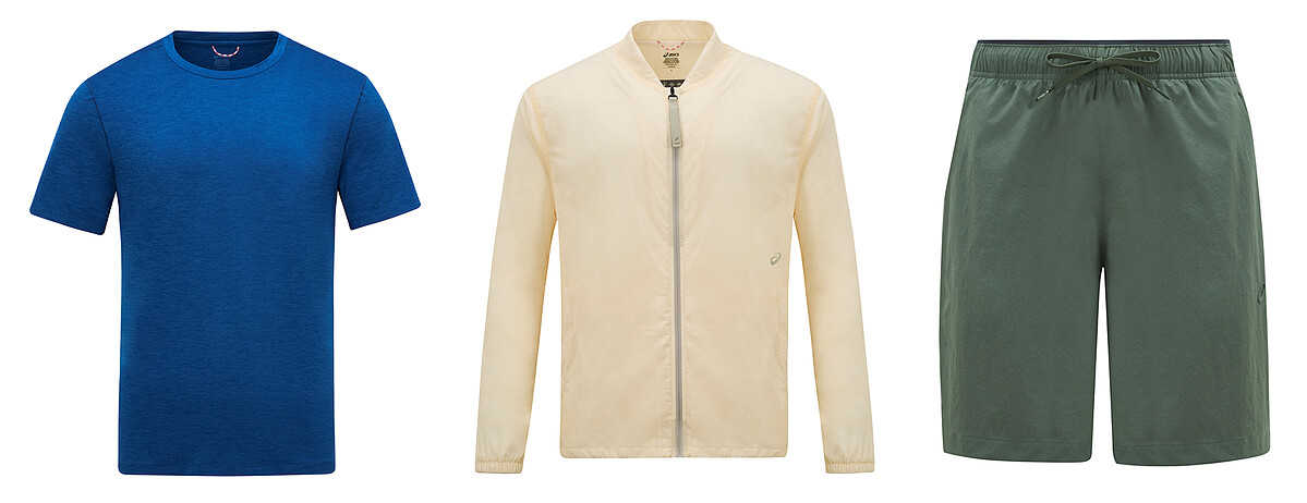 ASICS P.Life系列短袖上衣(男款)，NT1,480、ACTIADAPT 平織外套，晨曦白 (男款)，NT4,880、7 吋平織短褲(男款)，NT1,880。