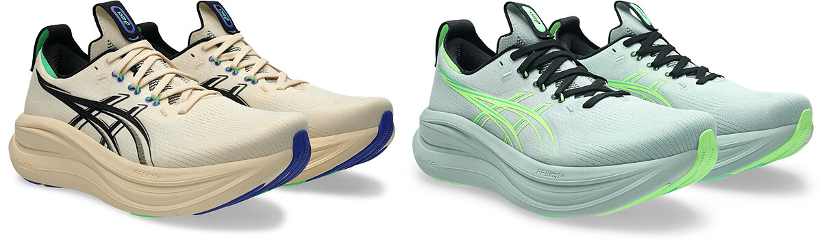 ASICS GEL-NIMBUS 28跑鞋，柔光棕&輕霧綠，各NT4,980。