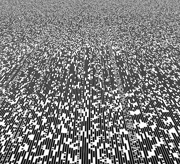 池田亮司（Ryoji Ikeda），《code-verse》，2018（細部） 3 台 DLP 投影機、電腦、喇叭。&copy; Ryoji Ikeda. 此作為巴黎龐畢度中心展覽「Ryoji Ikeda ǀ continuum」之特別創作， 展期：2018 年 6 月 15 日至 8 月 27 日 策展人：Marcella Lista