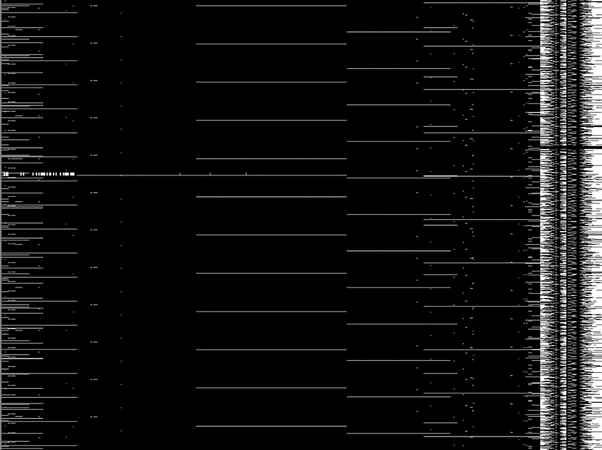 池田亮司《data.tron》，2007。錄像與聲音裝置：單頻道 HD 影像，黑白，立體聲音效，6 分鐘。 &copy; Ryoji Ikeda