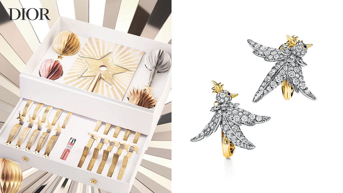 左：迪奧香氛世家－奇幻星願聖誕掛飾、右：Tiffany & Co. Bird on a Rock by Tiffany石上鳥珠寶系列耳環。