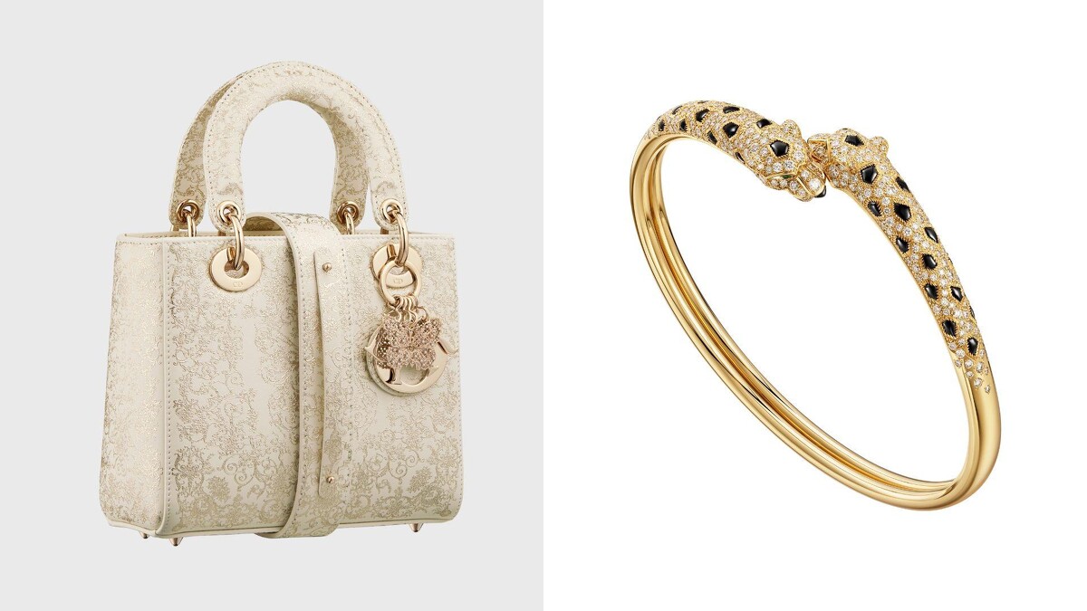 左：Lady Dior 金色Dioresque Butterfly印花刺繡小型包款、右：CARTIER Panth&egrave;re de Cartier美洲豹手環，半鋪鑲鑽石。