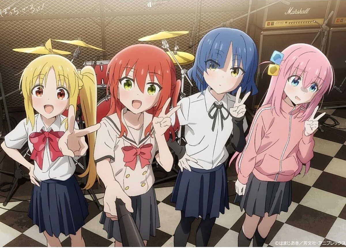 團結樂團第一次在Starry試鏡成功開心合照，成員介紹 (由左至右)：伊地知虹夏、喜多郁代、山田涼、後藤一里。（圖片來源：IG@btr_isosta）