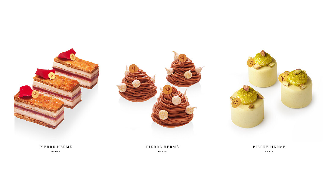 （左）Millefeuille ISPAHAN 玫瑰荔枝與覆盆子千層酥（中）MONT-BLANC HOMMAGE 栗香洋梨蒙布朗（右）Entremets Infiniment Pistache d&rsquo;Iran 伊朗開心果蛋糕