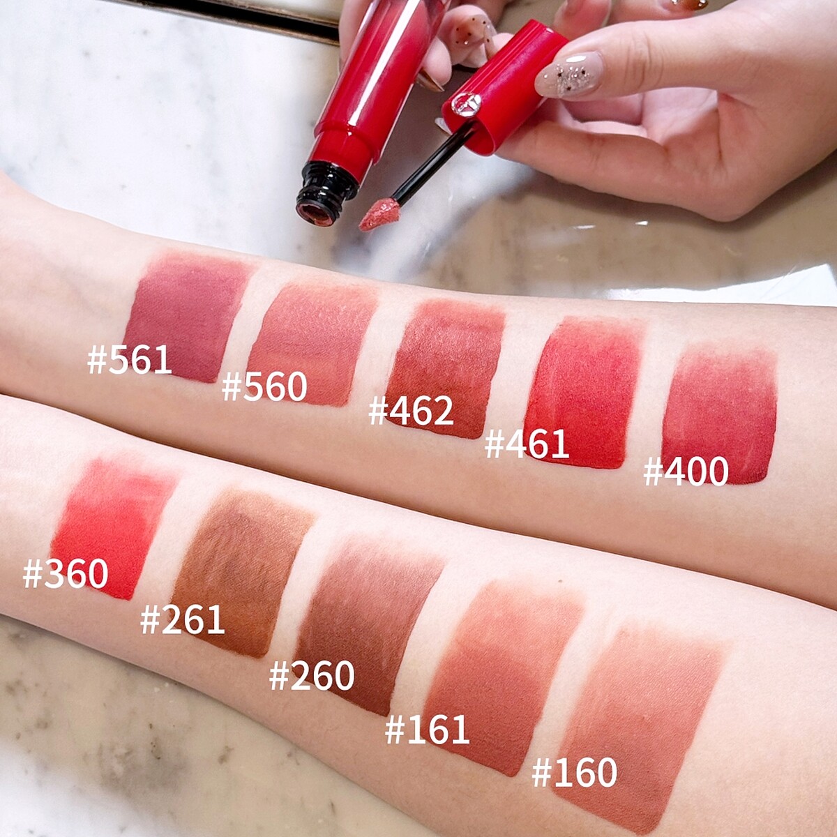 Armani Beauty亞曼尼奢華柔紗訂製唇露主打4色(#160、#161、#560、#561)手部試色。