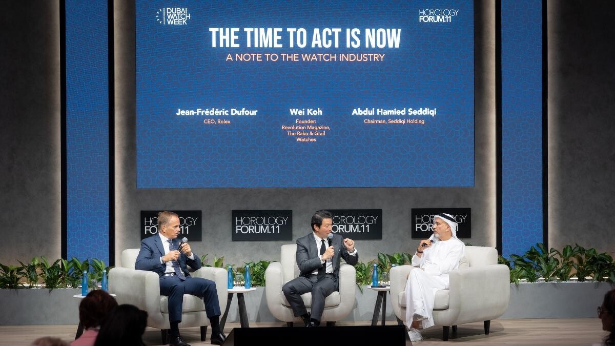 左起為勞力士CEO Jean-Fr&eacute;d&eacute;ric Dufour、《Revolution》創辦人Wei Koh、Seddiqi Holding主席Abdul Hamied Seddiqi
