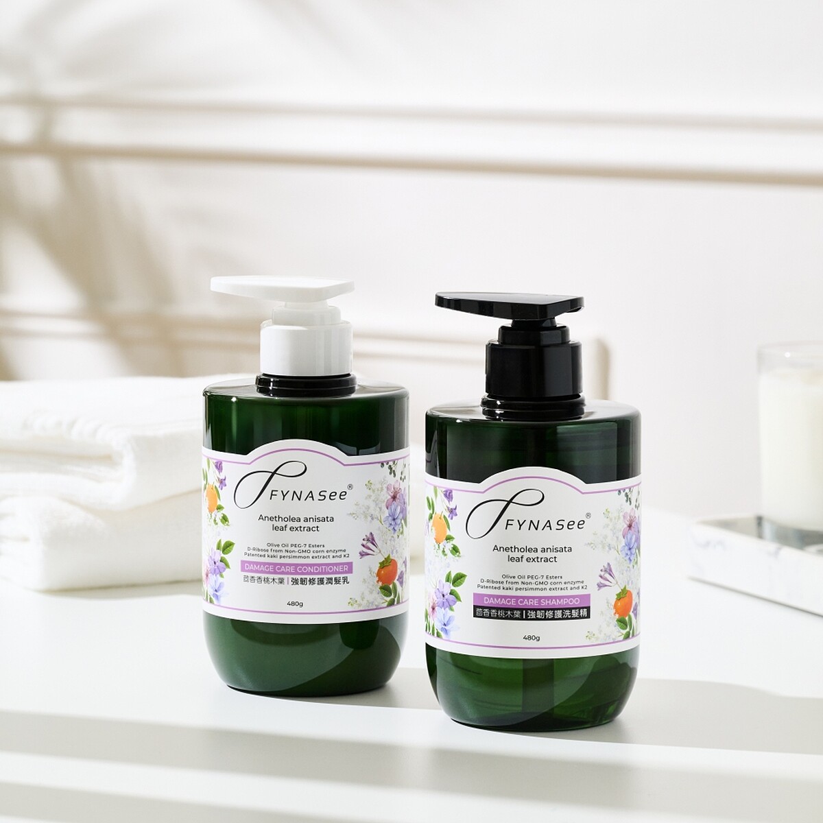 FYNASee菲那絲植物系列強韌修護洗髮精、潤髮乳。