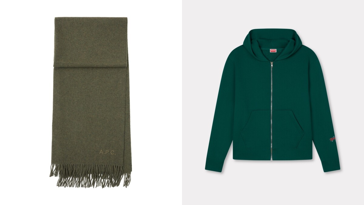 A.P.C. 經典LOGO 墨綠ALIX圍巾NT$10,300、KENZO WINTER限定墨綠色KALI連帽外套 NT$18,800