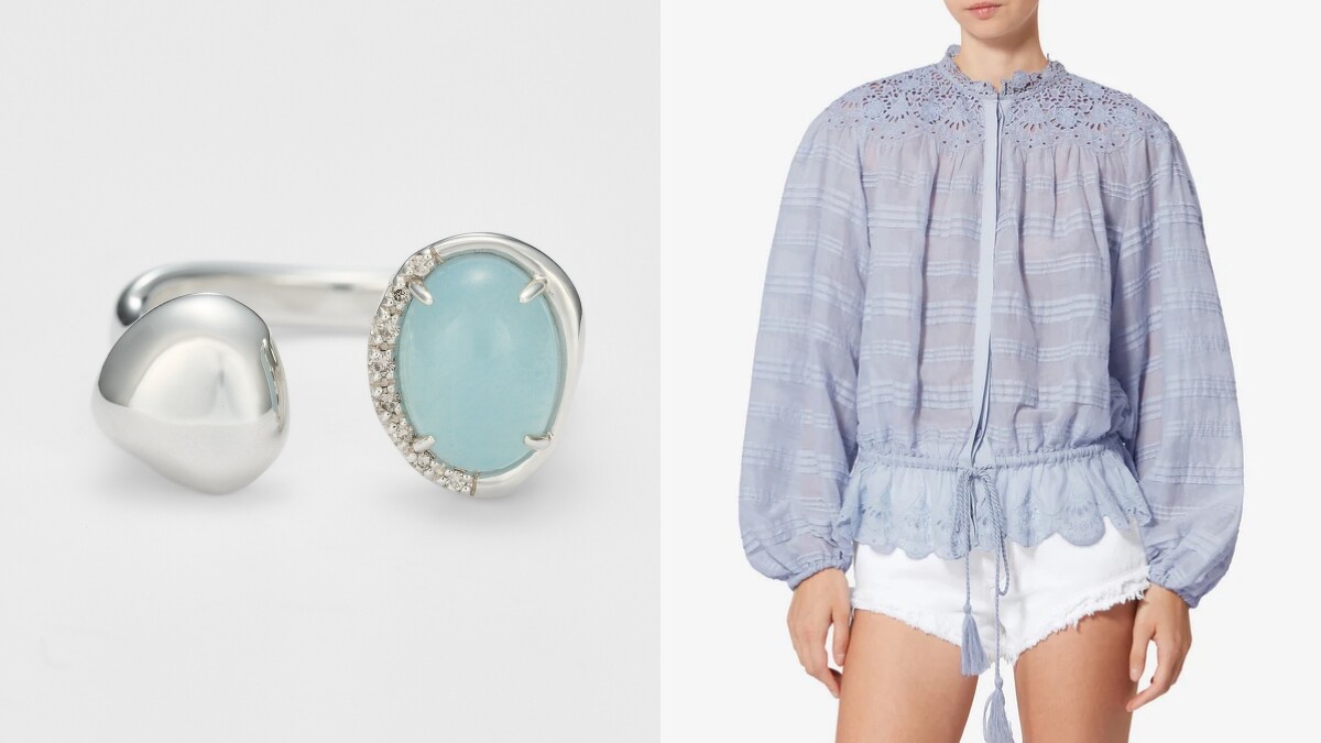 agete 波弧海藍寶石戒指 NT$14,700、ISABEL MARANT雕花蕾絲藍色下擺荷葉邊上衣 NT$23,800