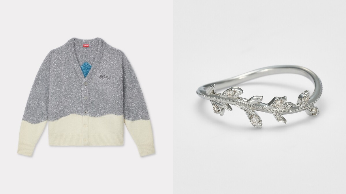 KENZO WINTER限定銀色箔飾KALI針織開襟衫 NT$32,800、agete 鉑金香根芹鑽石戒指 NT$32,800