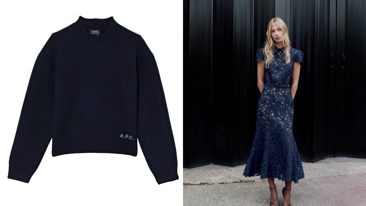 A.P.C. 角落LOGO深藍ESTHER厚氈美麗諾毛衣 NT$12,800、self-portrait Navy Guipure Lace Midi Dress NT$25,800