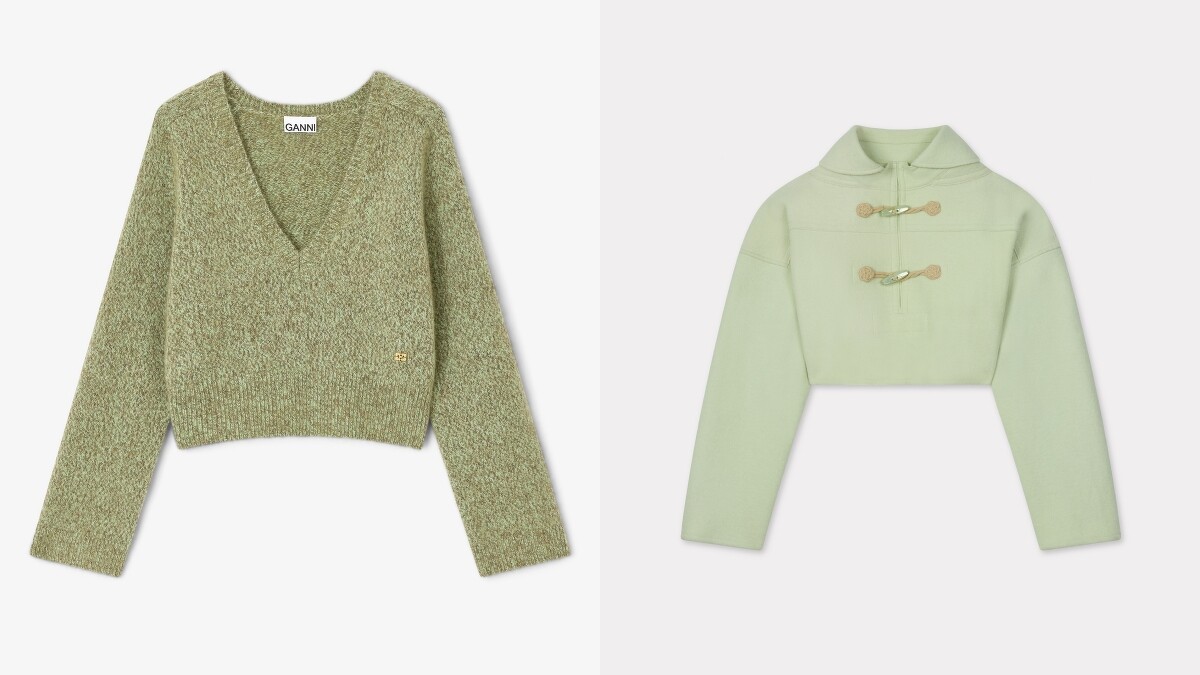GANNI 絨面馬海毛混紡深V領針織上衣-尼羅河綠 $14300、KENZO LUCKY ME杏核綠短版連帽上衣$47,800