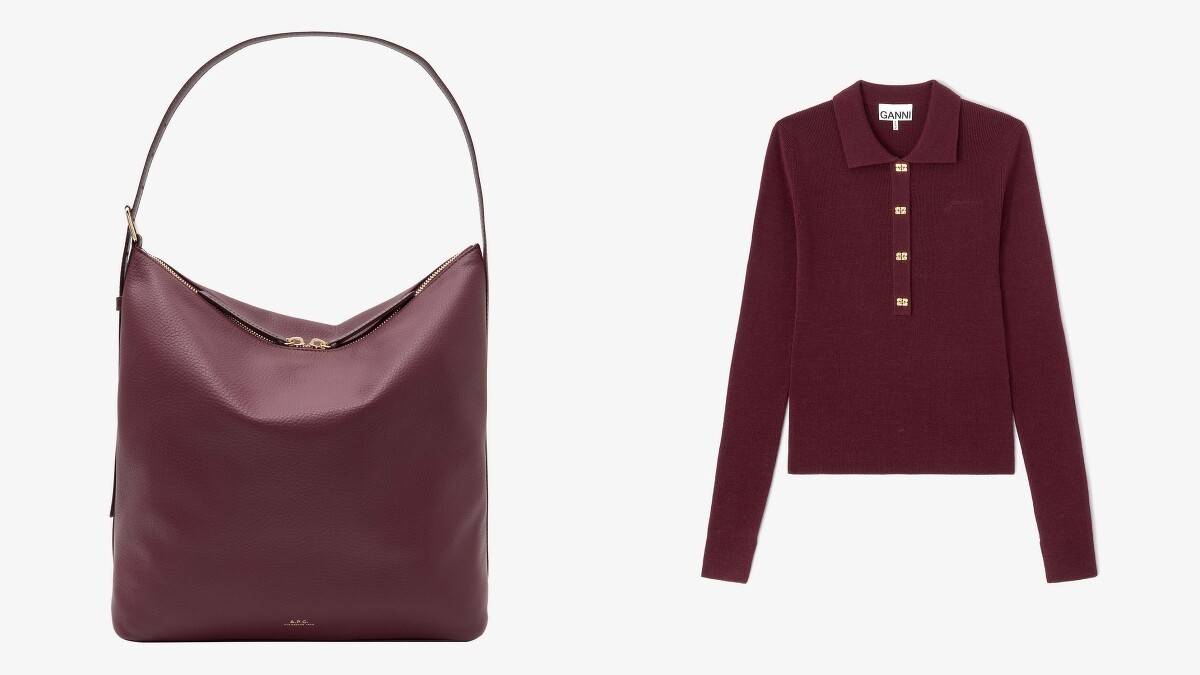 A.P.C. VERA荔枝皮深紅HOBO包 NT$24,300、GANNI 經典日常羊毛POLO衫-酒紅 NT$10,300