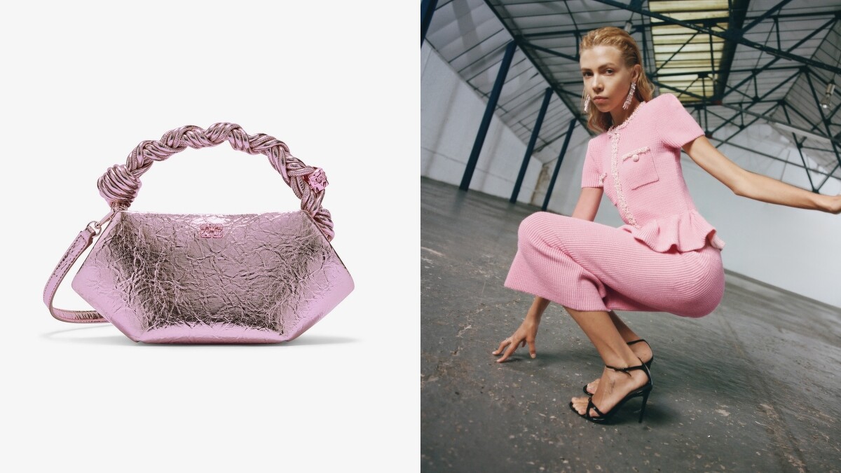 GANNI Bou Crushed迷你斜背包-銀粉 NT$17,800、self-portrait Pink Peplum Knit Midi Dress NT$23, 800